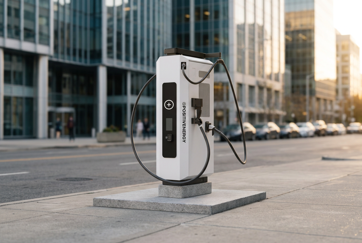 PositivEnergy DC fast charger on a downtown city street