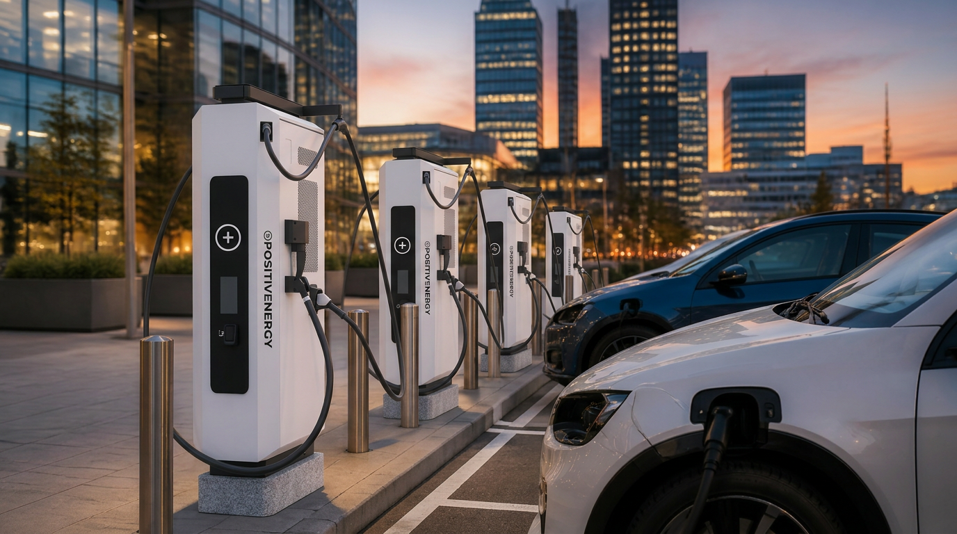 EV charging infrastructure at dusk